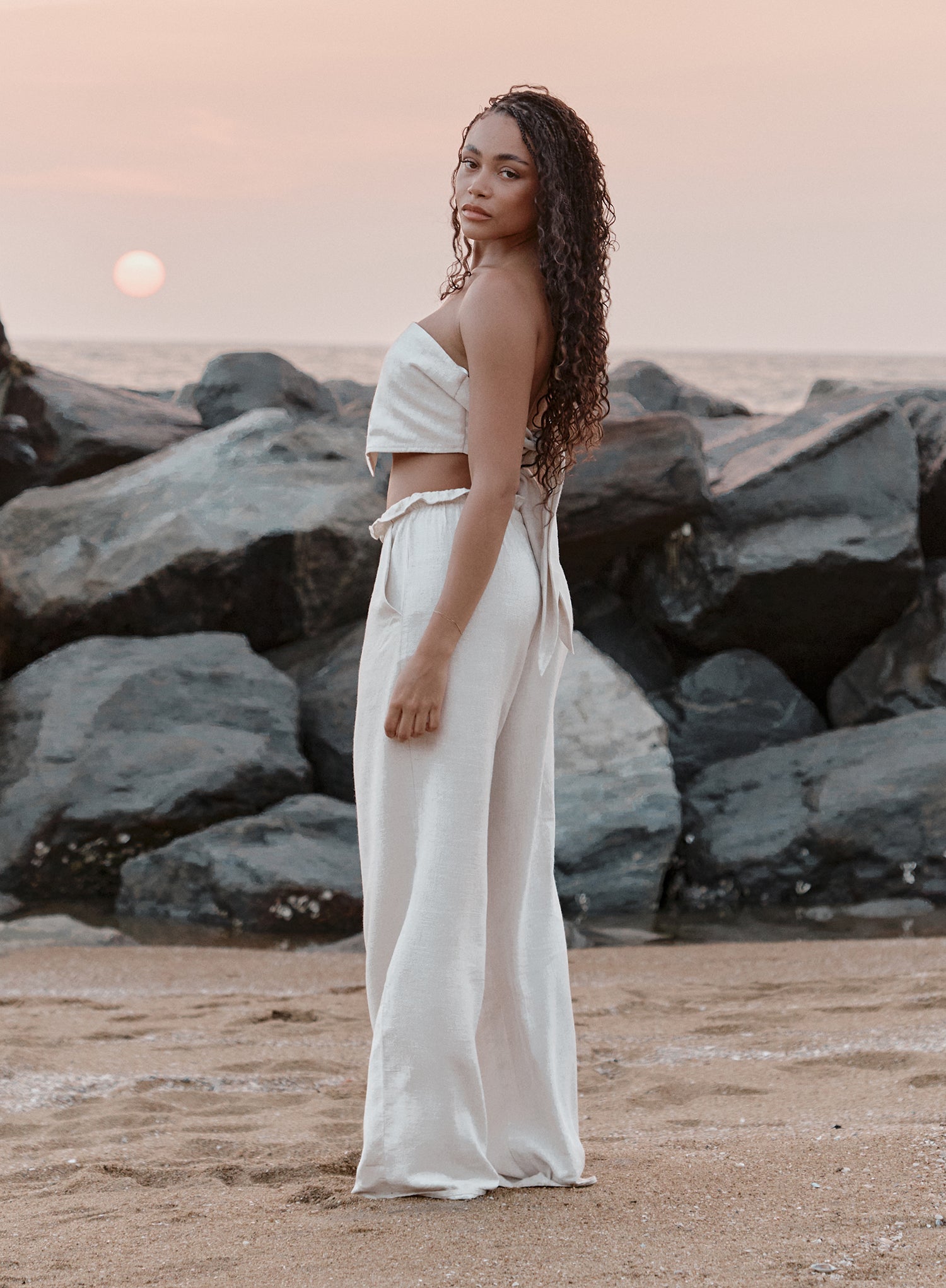 Beige Linen Drawstring Waist Trouser